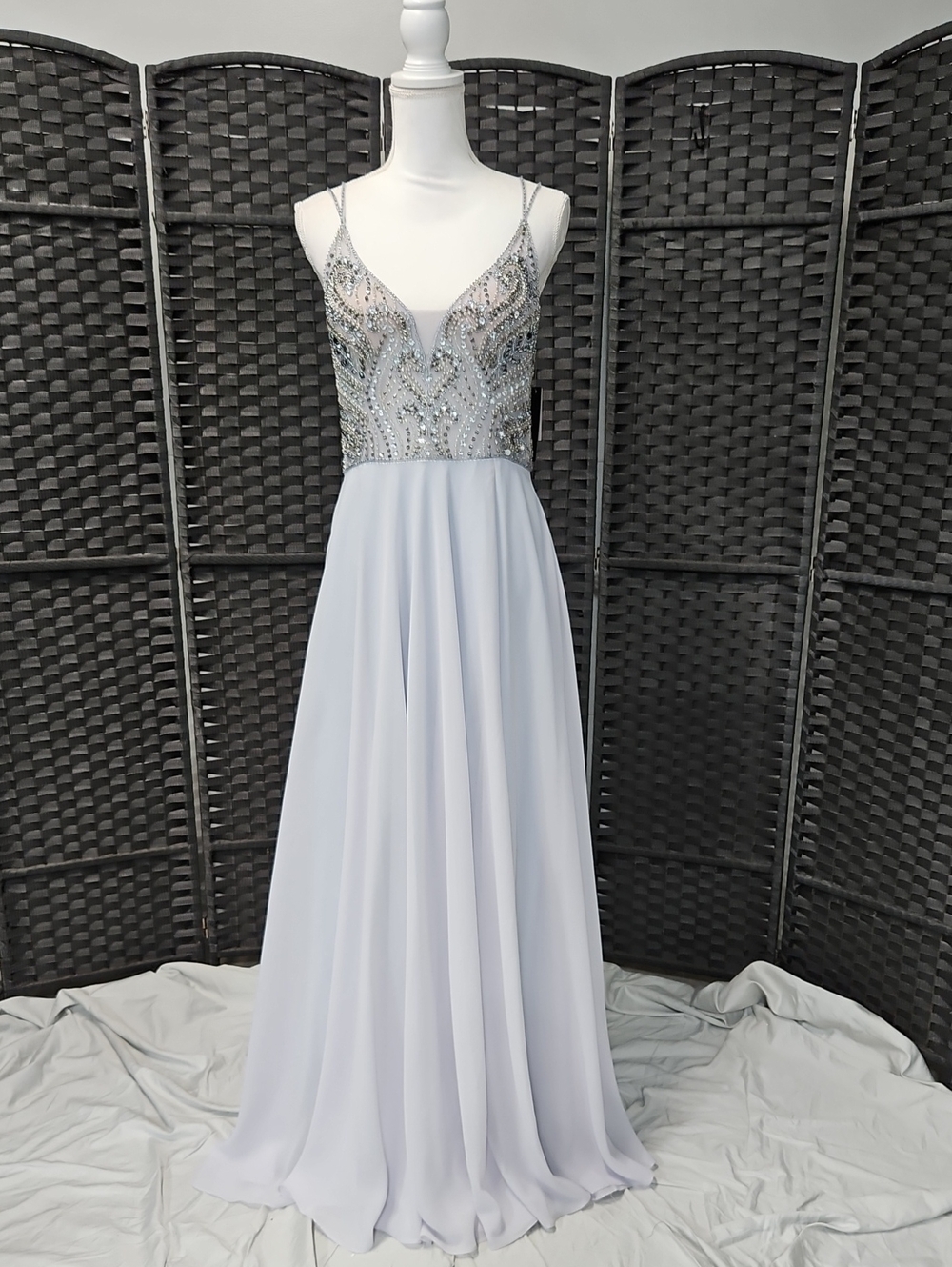 Aqua Silver-Beaded Light Gray Prom Gown